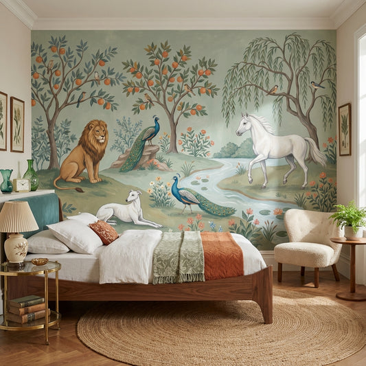 Vintage Mural Wallpaper Pastoral Landscape Peacocks Removable Wall Decor