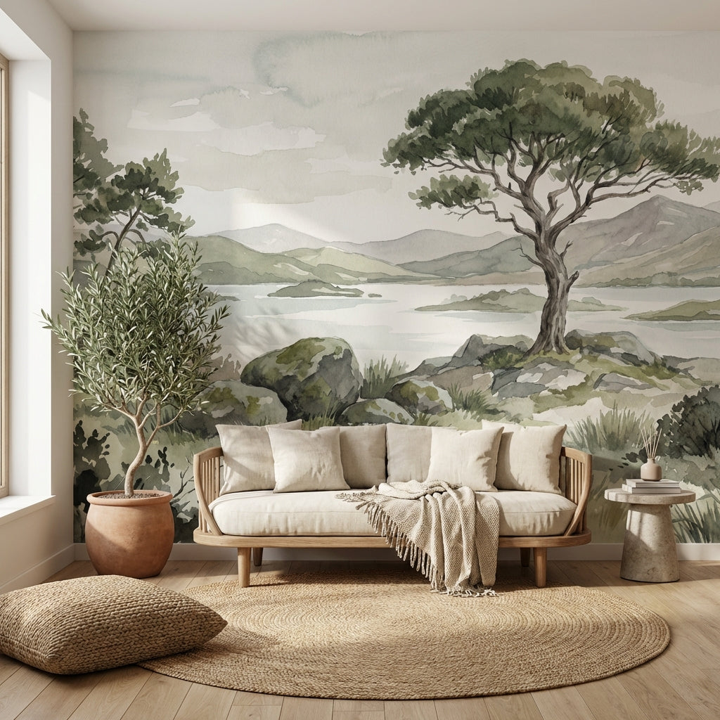 Cloudy Sky Wallpaper Tree Silhouette Lake Wall Mural