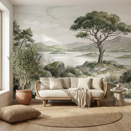 Cloudy Sky Wallpaper Tree Silhouette Lake Wall Mural