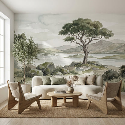 Cloudy Sky Wallpaper Tree Silhouette Lake Wall Mural