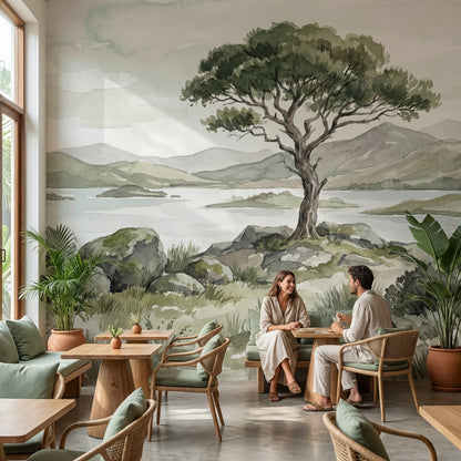 Cloudy Sky Wallpaper Tree Silhouette Lake Wall Mural
