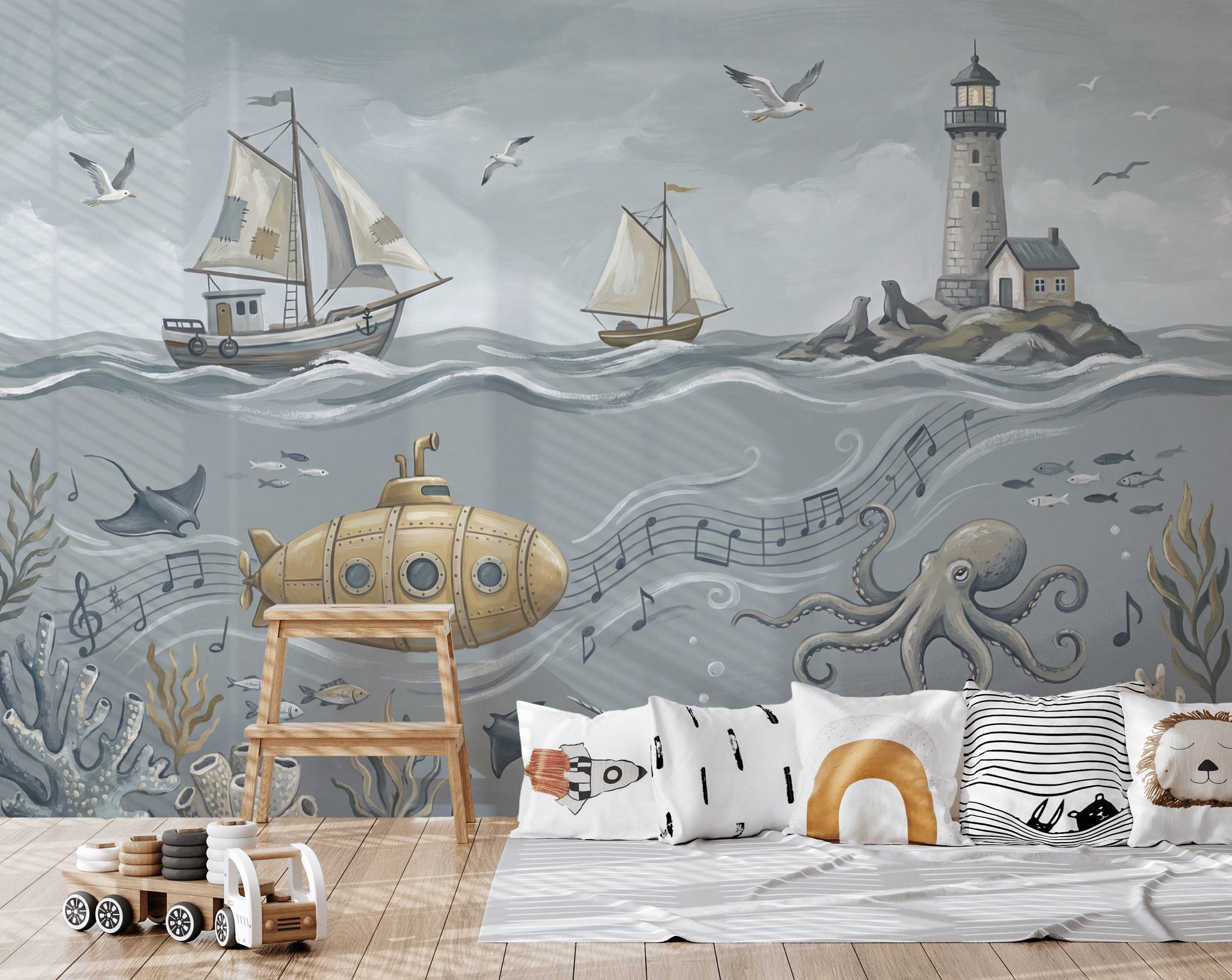 Marine Wallpaper Sailboats Lighthouse Wall Decor