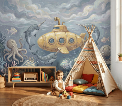 Underwater Wallpaper Narwhal Octopus Wall Mural