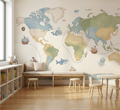 World Map Wallpaper Ocean Nautical Wall Decor