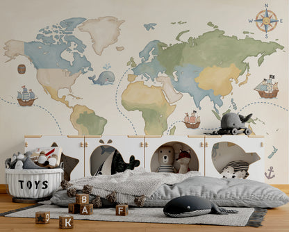 World Map Wallpaper Ocean Nautical Wall Decor