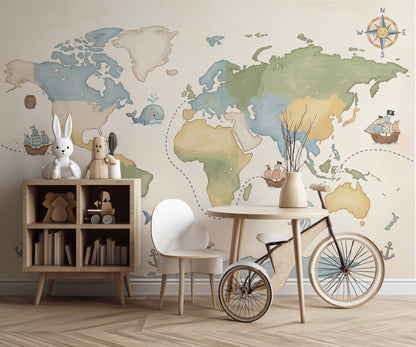 World Map Wallpaper Ocean Nautical Wall Decor