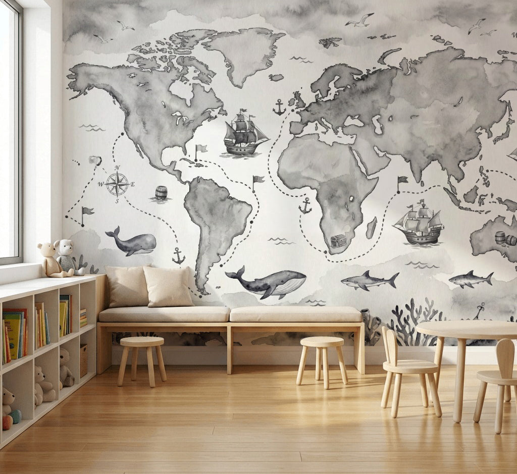 World Map Wallpaper Nautical Ocean Wall Mural