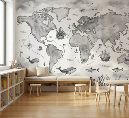 World Map Wallpaper Nautical Ocean Wall Mural
