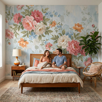 Watercolor Floral Wallpaper Peony Bouquet Pastel Blue Background Wall Mural