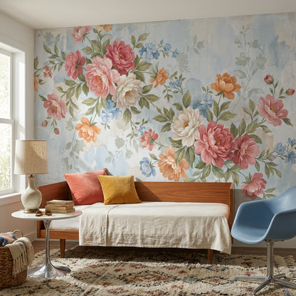 Watercolor Floral Wallpaper Peony Bouquet Pastel Blue Background Wall Mural