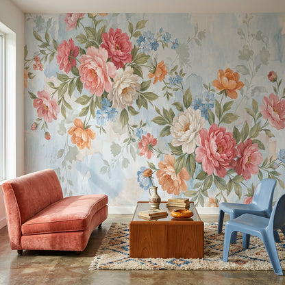 Watercolor Floral Wallpaper Peony Bouquet Pastel Blue Background Wall Mural