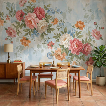 Watercolor Floral Wallpaper Peony Bouquet Pastel Blue Background Wall Mural