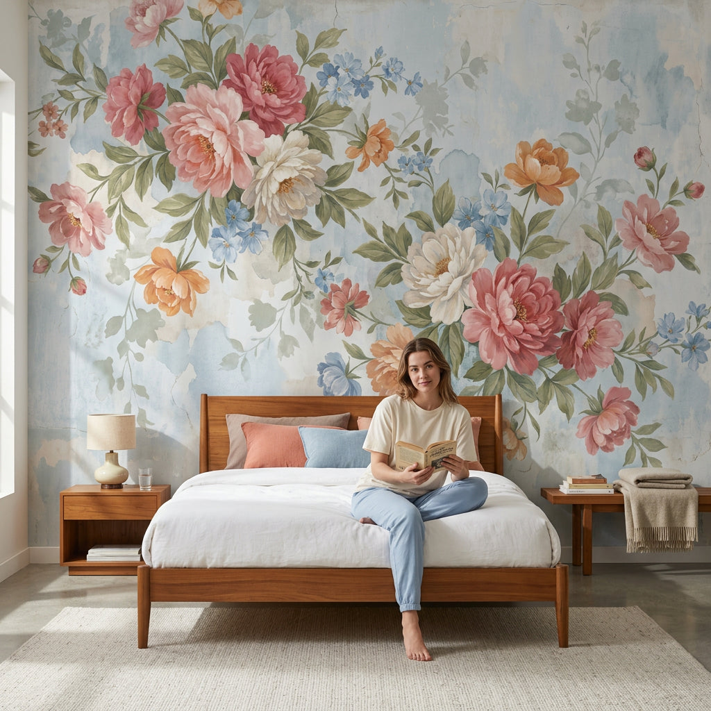 Watercolor Floral Wallpaper Peony Bouquet Pastel Blue Background Wall Mural