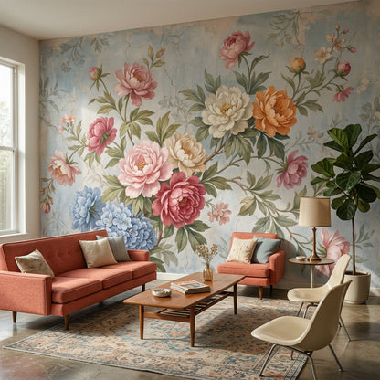 Vintage Floral Wallpaper Peonies Pastel Blue Background Wall Mural