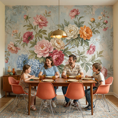 Vintage Floral Wallpaper Peonies Pastel Blue Background Wall Mural