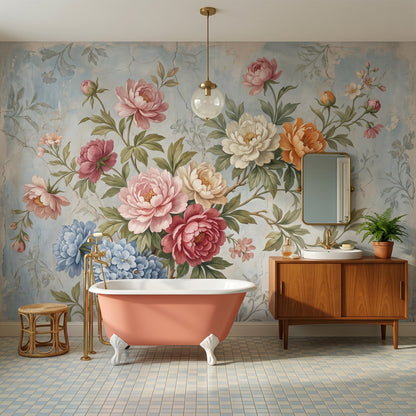 Vintage Floral Wallpaper Peonies Pastel Blue Background Wall Mural