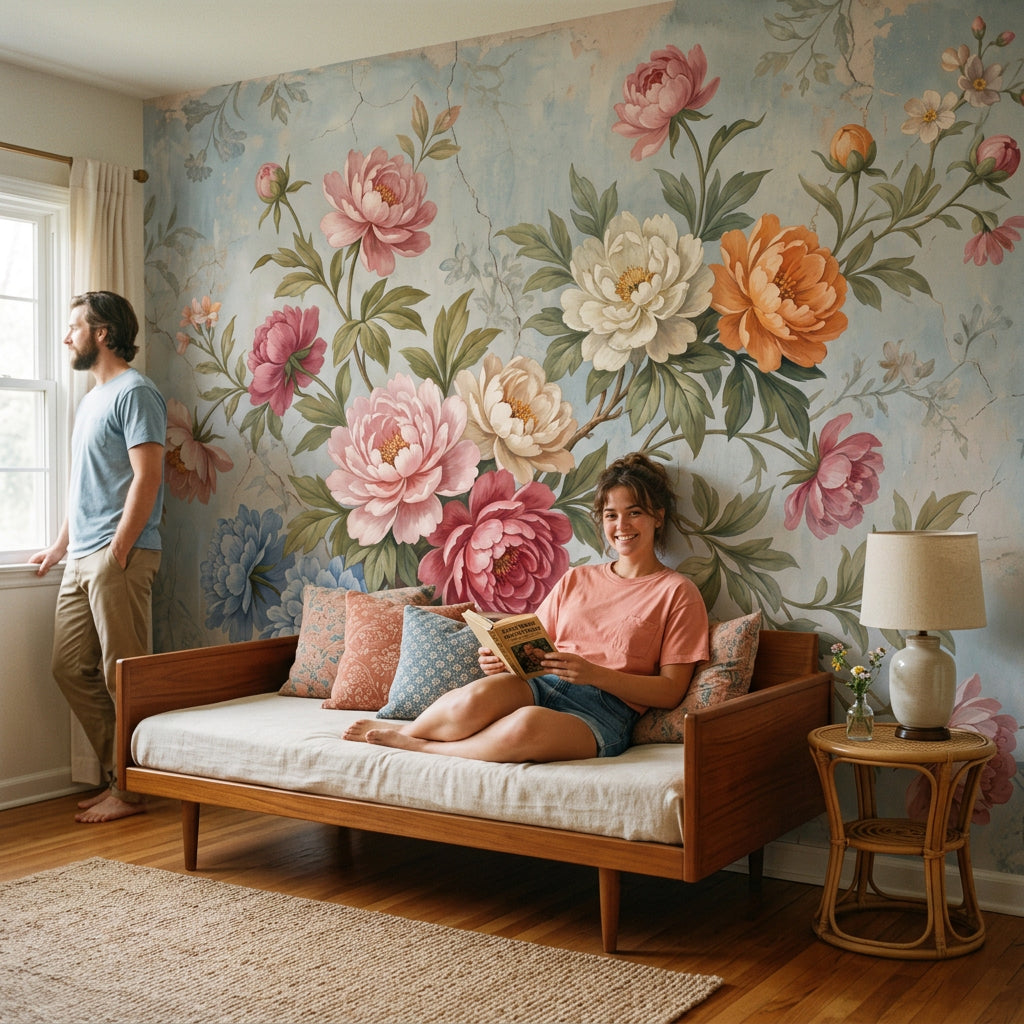 Vintage Floral Wallpaper Peonies Pastel Blue Background Wall Mural