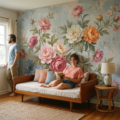Vintage Floral Wallpaper Peonies Pastel Blue Background Wall Mural