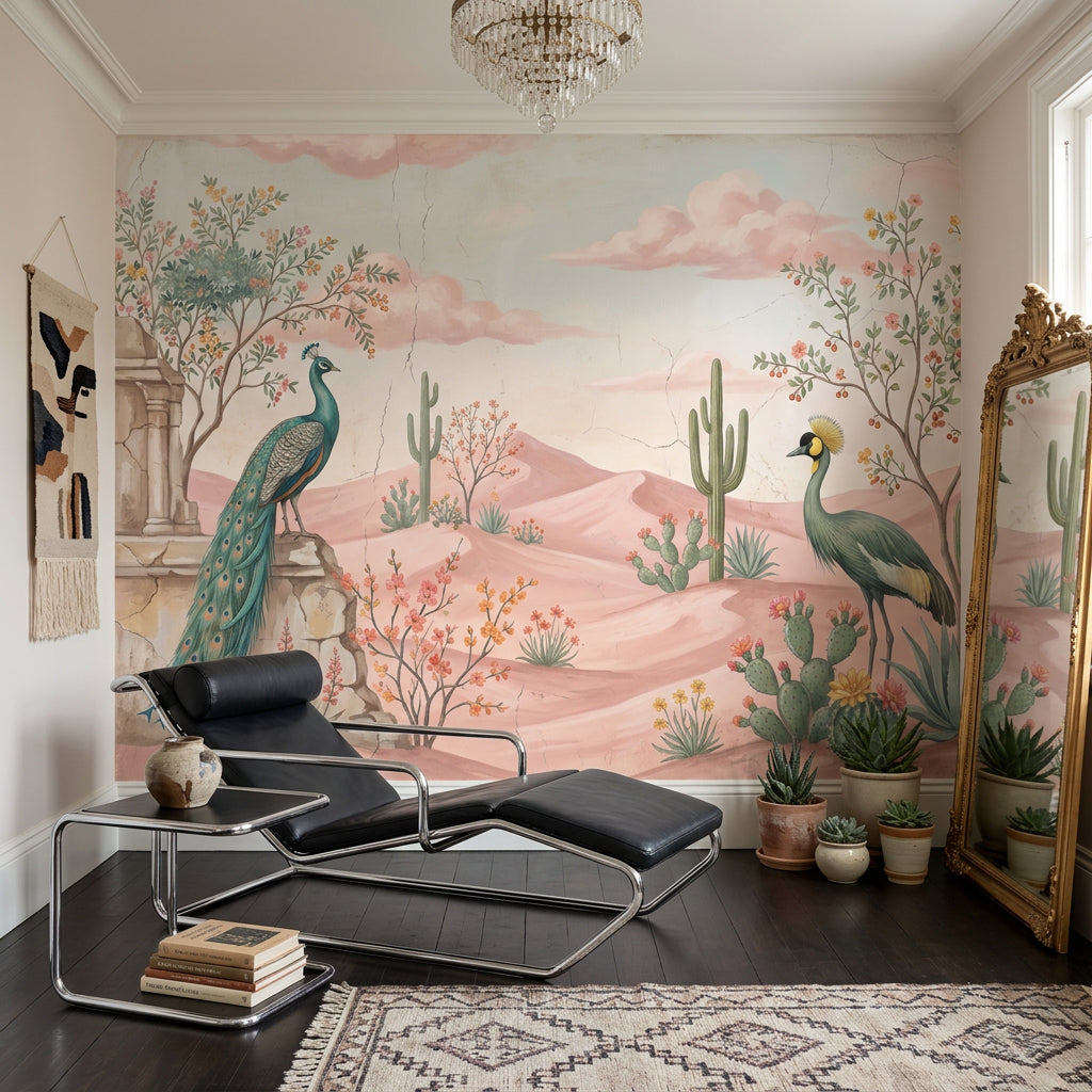 Pastel Desert Landscape Wallpaper Pink Dunes Removable Peacock Wall Decor