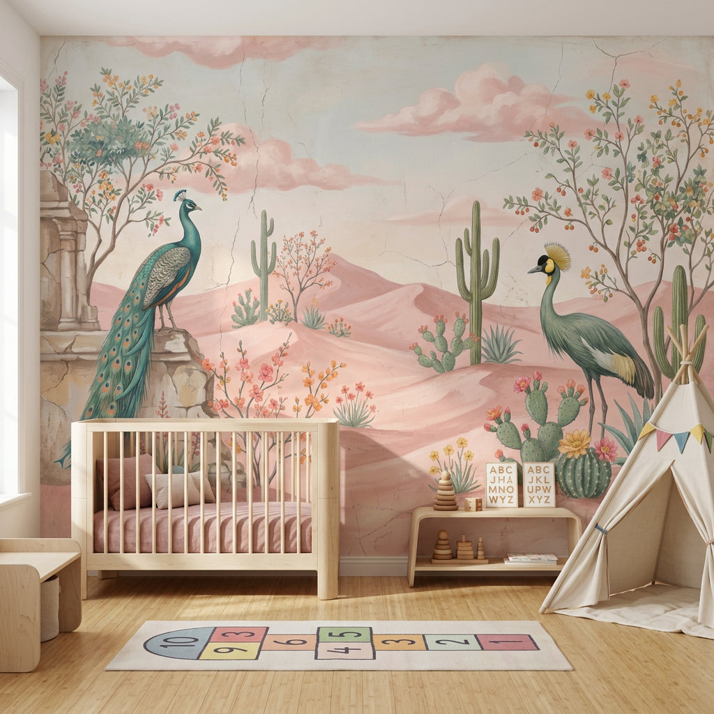 Pastel Desert Landscape Wallpaper Pink Dunes Removable Peacock Wall Decor