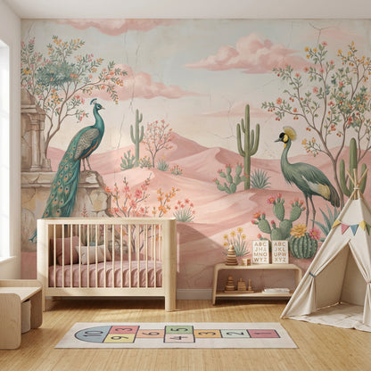 Pastel Desert Landscape Wallpaper Pink Dunes Removable Peacock Wall Decor
