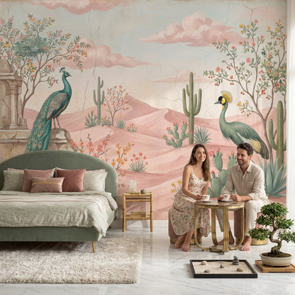 Pastel Desert Landscape Wallpaper Pink Dunes Removable Peacock Wall Decor