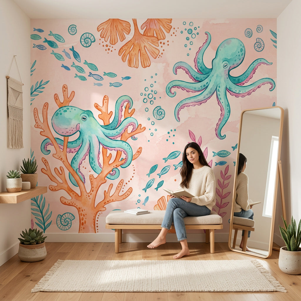 Underwater Wallpaper Octopus Coastal Removable Wall Decor