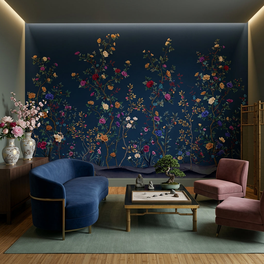 Chinoiserie Inspired Wallpaper Dark Navy Background Elegant Vintage Wall Mural