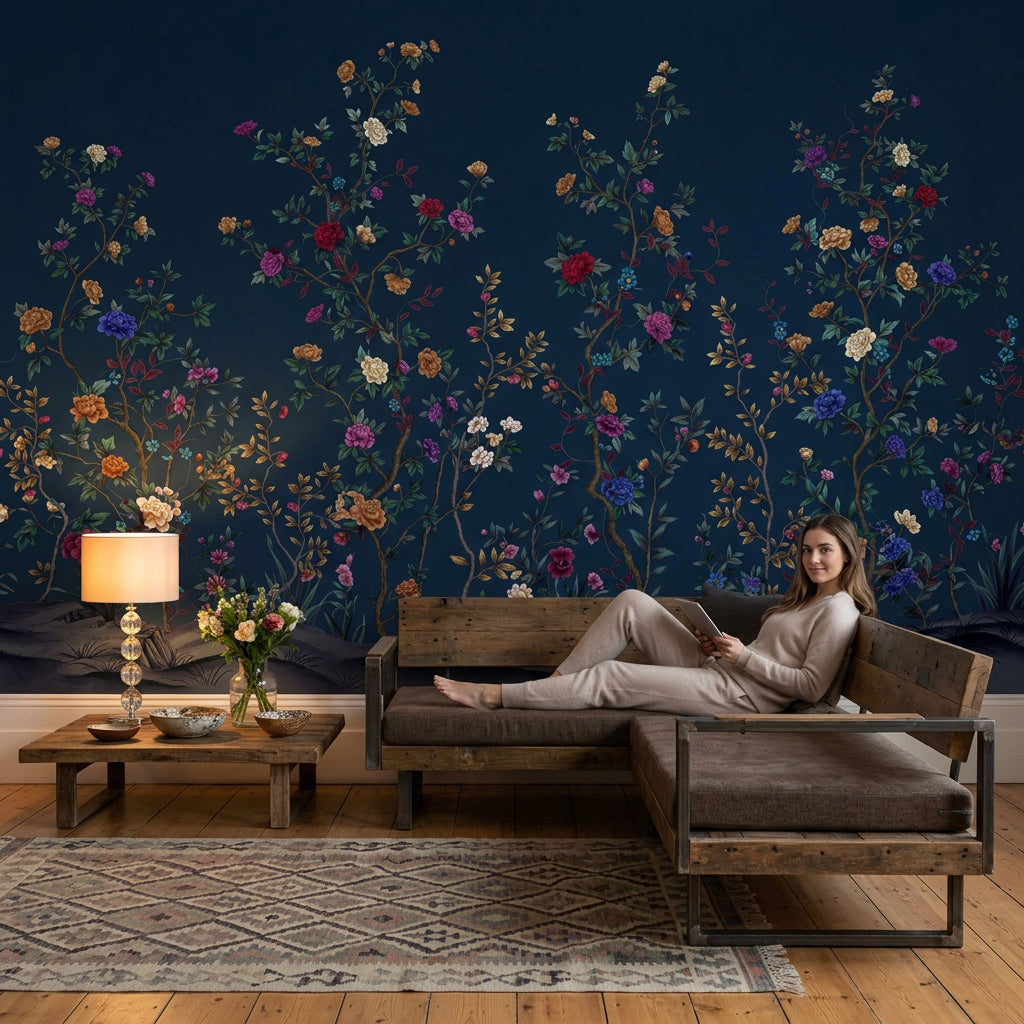 Chinoiserie Inspired Wallpaper Dark Navy Background Elegant Vintage Wall Mural