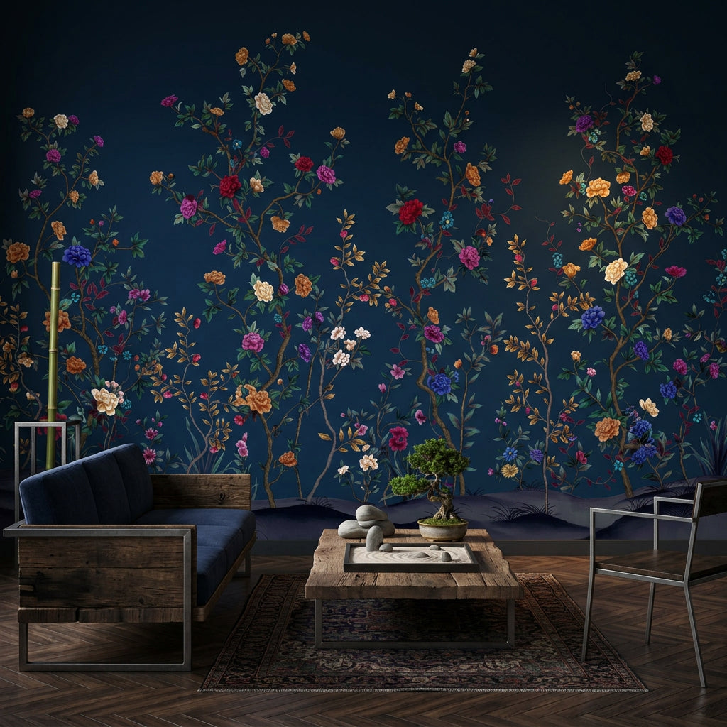 Chinoiserie Inspired Wallpaper Dark Navy Background Elegant Vintage Wall Mural