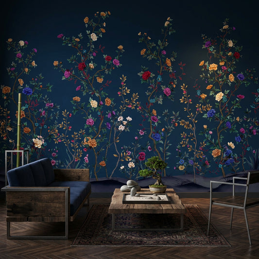 Chinoiserie Inspired Wallpaper Dark Navy Background Elegant Vintage Wall Mural