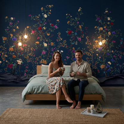 Chinoiserie Inspired Wallpaper Dark Navy Background Elegant Vintage Wall Mural
