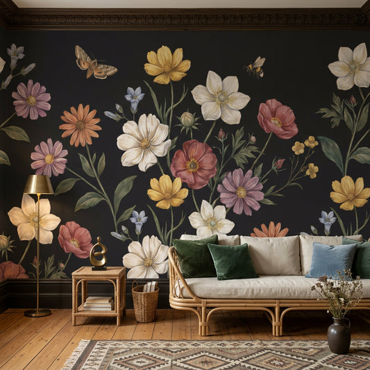 Dark Floral Wallpaper Wildflower Botanical Wall Mural