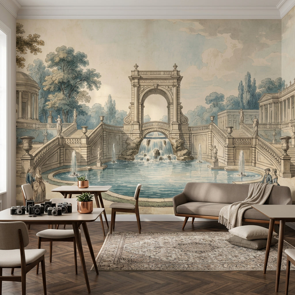 Classical Garden Wallpaper Neoclassical Architecture Fountain Pool Removable Wall Decor