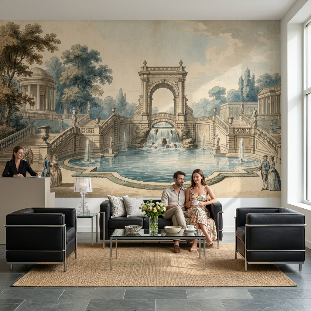 Classical Garden Wallpaper Neoclassical Architecture Fountain Pool Removable Wall Decor