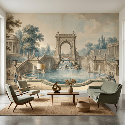 Classical Garden Wallpaper Neoclassical Architecture Fountain Pool Removable Wall Decor