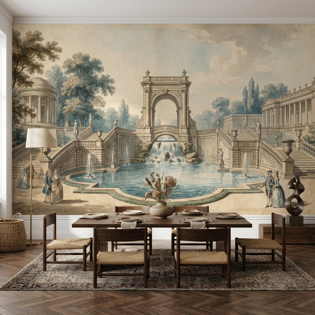 Classical Garden Wallpaper Neoclassical Architecture Fountain Pool Removable Wall Decor