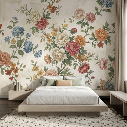 Vintage Floral Wallpaper Botanical Bouquet Peony Blossoms Removable Wall Decor