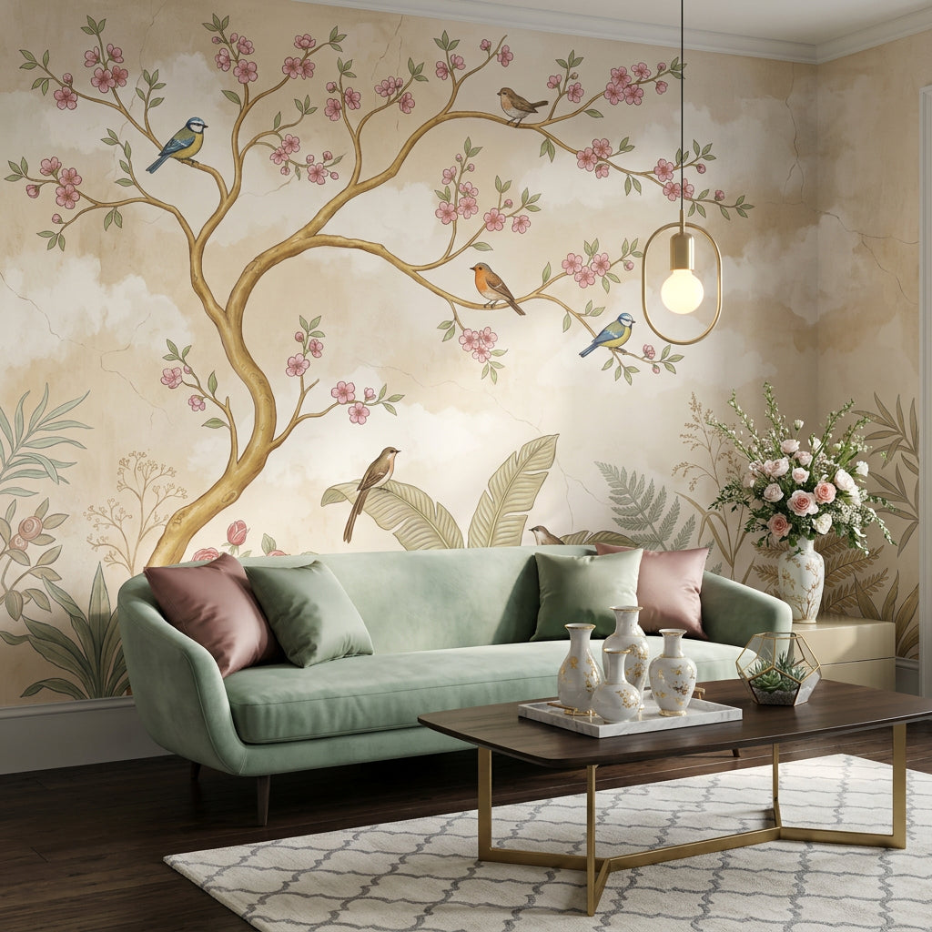 Botanical Mural Wallpaper Blossoming Branch Soft Pastel Removable Wall Decor