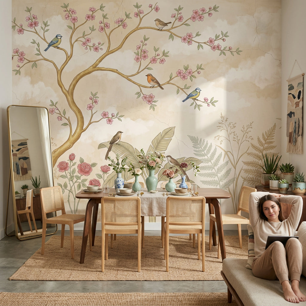 Botanical Mural Wallpaper Blossoming Branch Soft Pastel Removable Wall Decor