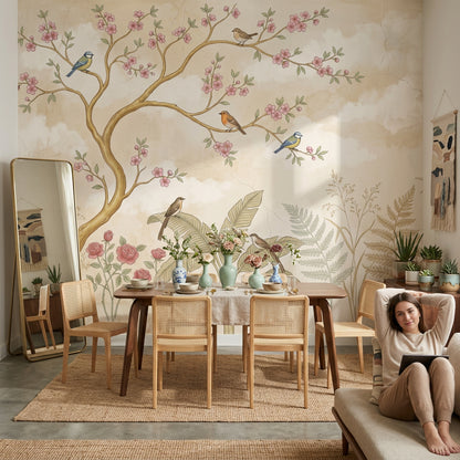 Botanical Mural Wallpaper Blossoming Branch Soft Pastel Removable Wall Decor