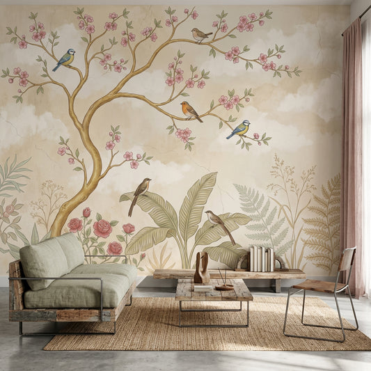 Botanical Mural Wallpaper Blossoming Branch Soft Pastel Removable Wall Decor