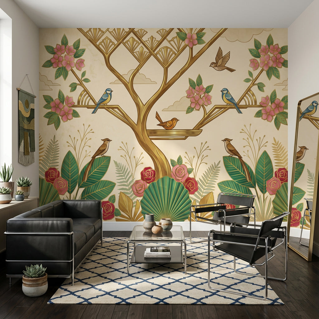 Art Deco Wallpaper Floral Removable Birds Wall Decor