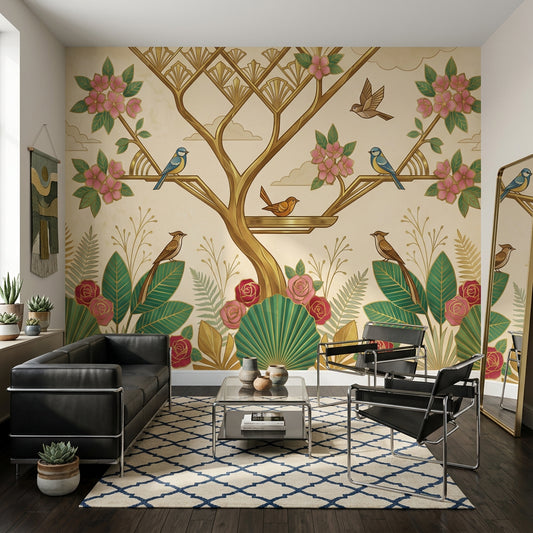 Art Deco Wallpaper Floral Removable Birds Wall Decor