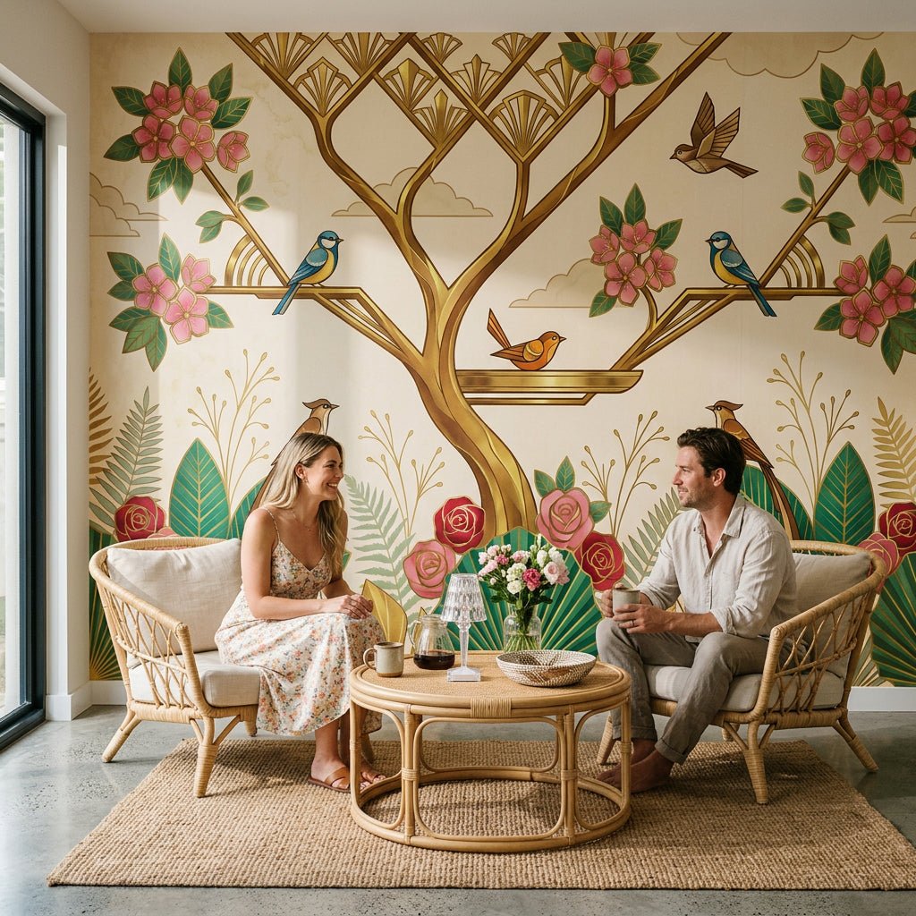 Art Deco Wallpaper Floral Removable Birds Wall Decor