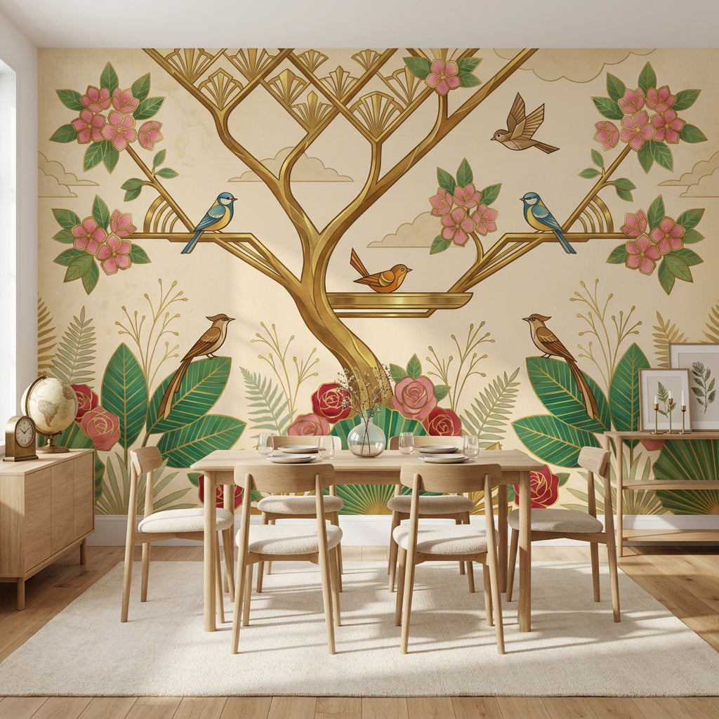 Art Deco Wallpaper Floral Removable Birds Wall Decor