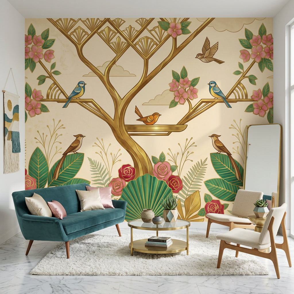 Art Deco Wallpaper Floral Removable Birds Wall Decor
