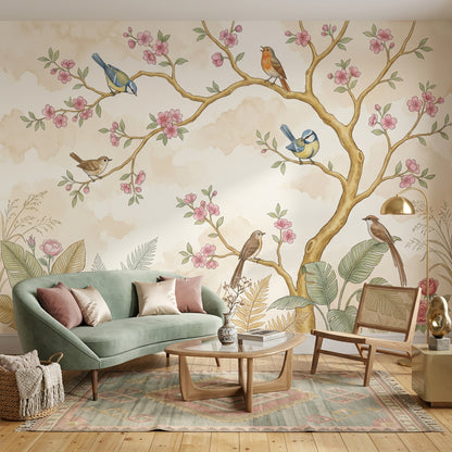 Cherry Blossoms Wallpaper Floral Branches Songbirds Wall Mural