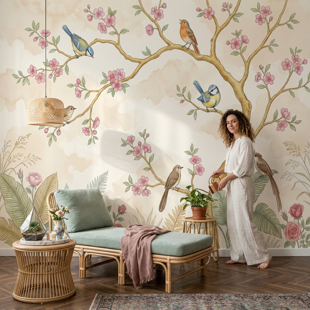 Cherry Blossoms Wallpaper Floral Branches Songbirds Wall Mural