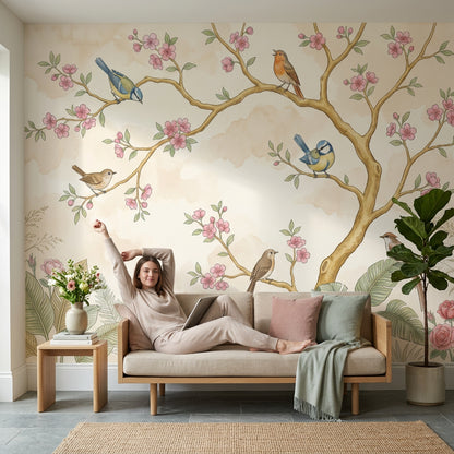 Cherry Blossoms Wallpaper Floral Branches Songbirds Wall Mural